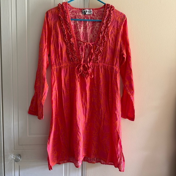 Mud Pie Bag Lady V-Neck Long Sleeve Coral Women’s Swim Coverup Small 100% Linen - Picture 1 of 5